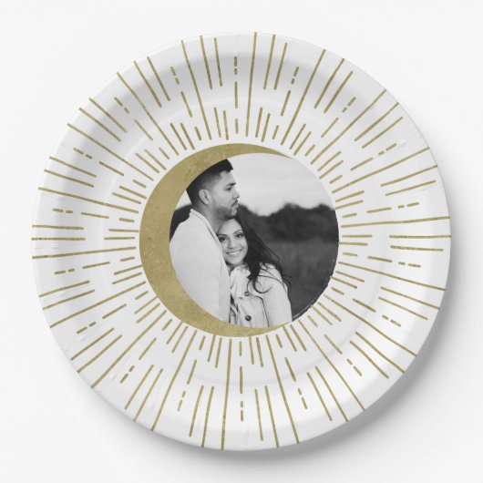 Goldstars Night Celestial Sunburst Moon Hochzeit Pappteller (Vorderseite)