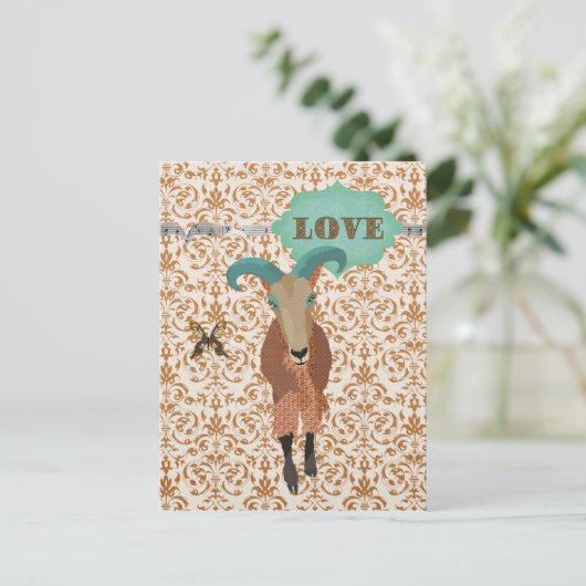 Goldstaub Aoudad & Butterfly Damask Postcard Liebe Postkarte (Stehend Vorderseite)
