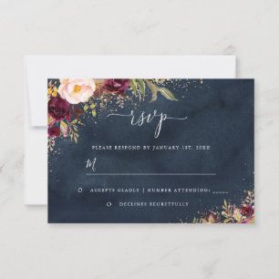 Goldstaub Burgund Navy Blumenmuster RSVP Karte
