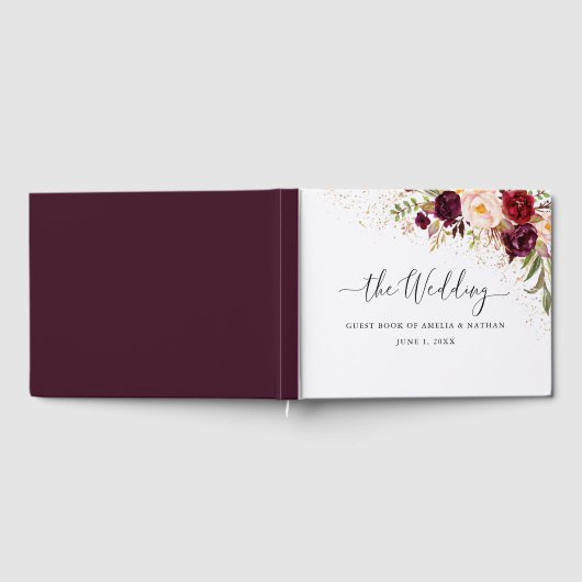 Goldstaub-Burgundy-Blumenhochzeit Gästebuch (Voll)