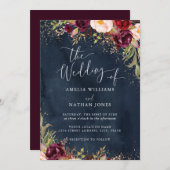 Goldstaub-Burgundy-Hochzeit mit floralen Wasserfar Einladung (Vorne/Hinten)