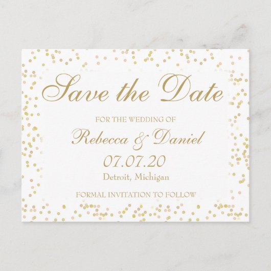 Goldstaub Confetti Save the Date Ankündigungspostkarte (Vorderseite)