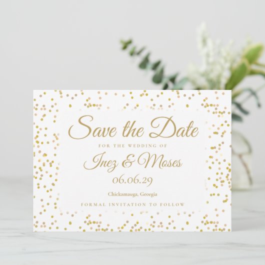 Goldstaub Confetti Save the Date Einladung (Stehend Vorderseite)