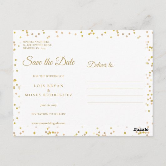 Goldstaub Confetti Save the Date Postkarte (Rückseite)