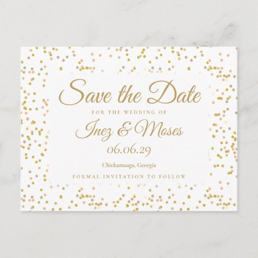 Goldstaub Confetti Save the Date Postkarte (Vorderseite)