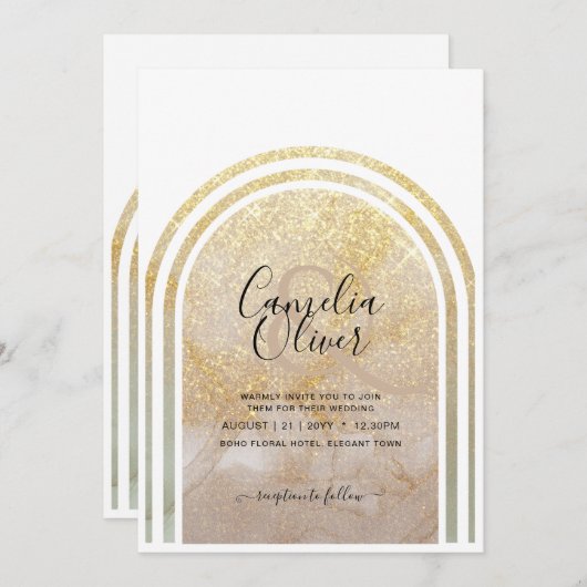 Goldstaub | Elegante Gold Glitzer Arch Wedding Einladung (Vorne/Hinten)