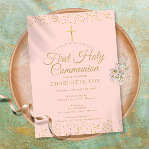 Goldstaub Erste heilige Kommunion Blush Pink Einladung