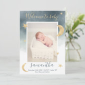 Goldsterne Blaue Aquarellnase Foto Geburt Ankündigung (Stehend Vorderseite)