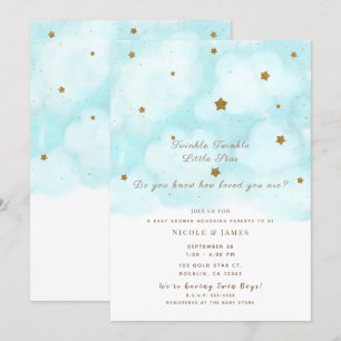Goldsterne & Blaue Himmelwolken Baby Shower Zwilli Einladung