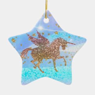 Goldsterne Glänzender Fliegender Einhorn Lila Benu Keramik Ornament