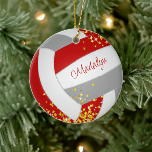 Goldsterne Rot-Grau-Volleyballmädchen Keramik Ornament