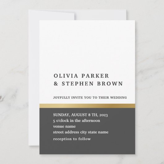 Goldstreifen. Elegante Schwarz-Weiß-Hochzeit Einladung (Vorderseite)