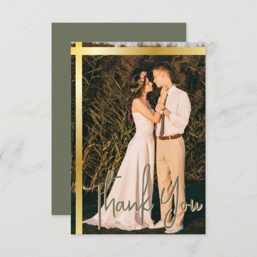 Goldstreifen-Sage Grün Elegantes Foto Hochzeit Dankeskarte (Vorne/Hinten)