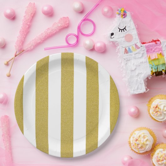 Goldstreifen, weiße Streifen, Streifen Pappteller (Party)