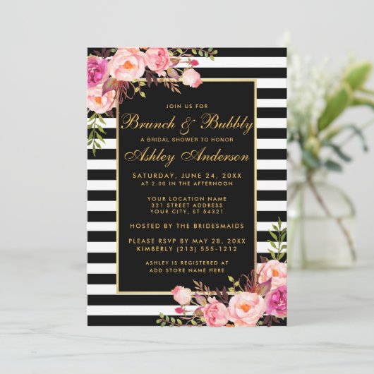 Goldstriegeltes rosa Brautparty Brunch Einladung (Stehend Vorderseite)