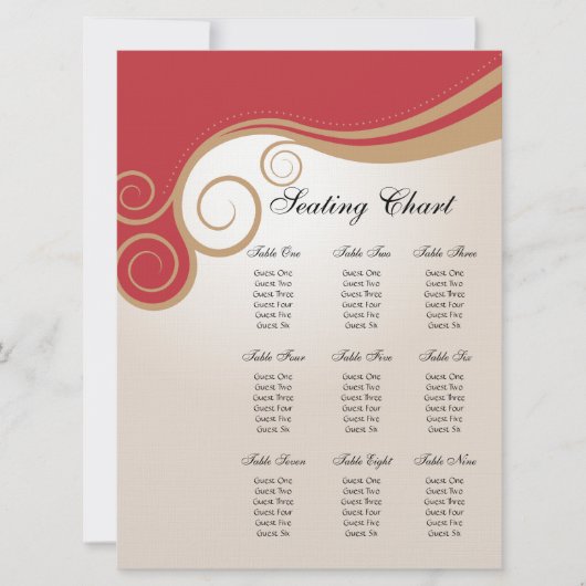 Goldstrudel auf Rot und Creme-Sitzplatz-Diagramm Einladung (Vorderseite)