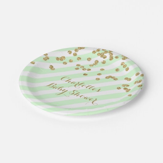 Goldtadelloser grüner Confetti Stripes Pappteller (Schrägansicht)