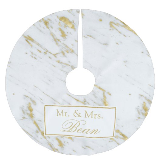 Goldter Glitzer über weißem Marmor Polyester Weihnachtsbaumdecke (Vorderseite)