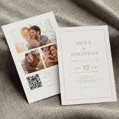 Goldtext 3 Fotos Line Border QR Code Hochzeit Einladung