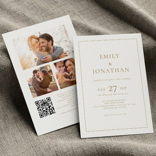 Goldtext 3 Fotos Line Border QR Code Hochzeit Einladung