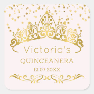 Goldtiara, Polka dot confetti Quinceanera Quadratischer Aufkleber