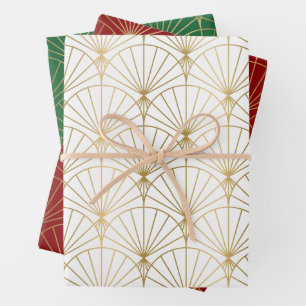 Goldtöne Art Deco Muster auf Weiß, Rot, Grün Geschenkpapier Set