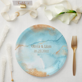 Goldtürkisfarbener Abstrakter Name Moderne Hochzei Pappteller