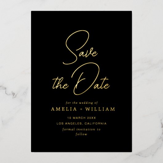 Goldtypografie-Hochzeit Sichern des Datums Folieneinladung (Vorderseite)