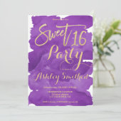 Goldtypografie lila Aquarellpinsel Sweet 16 Einladung (Stehend Vorderseite)