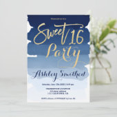 Goldtypografie Marineblau Aquarell Sweet 16 Einladung (Stehend Vorderseite)