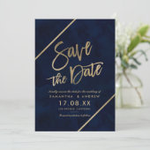 Goldtypografie und blaue Wasserfarbe Save the Date (Stehend Vorderseite)