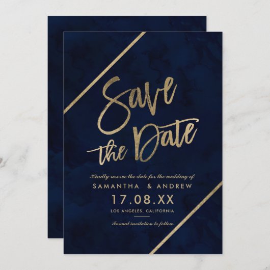 Goldtypografie und blaue Wasserfarbe Save the Date (Vorne/Hinten)