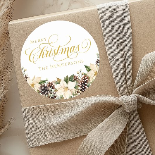 Goldtypografie Weihnachten Poinsettia weiß Runder Aufkleber