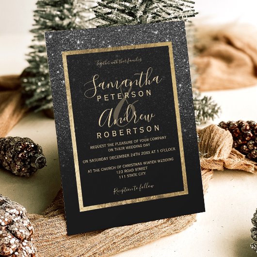 Goldtypografie-Winterhochzeit aus schwarzem Glitze Einladung