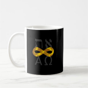 Goldunendlichkeitssymbol. Aleph Tav - Alpha und Kaffeetasse
