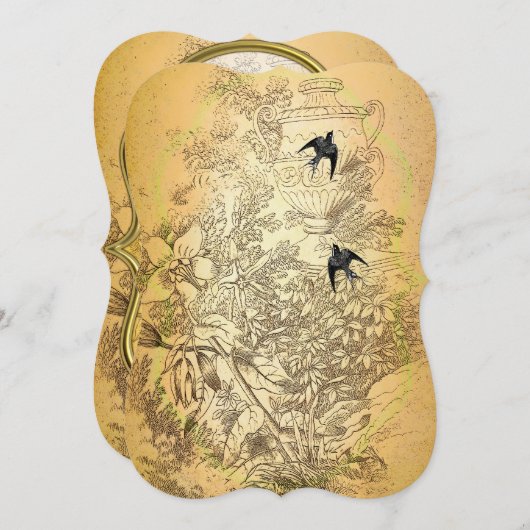 Goldurn Vintage Vögel Hochzeitseinladung Einladung (Vorne/Hinten)