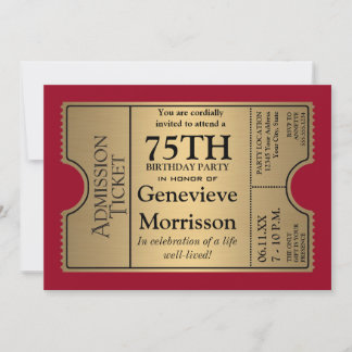 Goldven Ticket Style 75. Geburtstagsparty Einladun Einladung