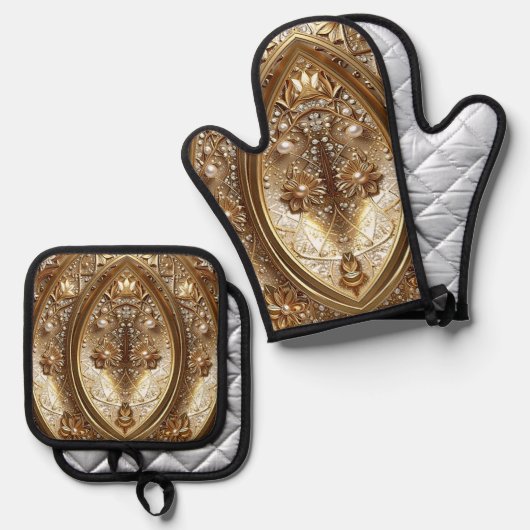 Goldverziert Ofenhandschuh & Topflappen-Set (Vorderseite/Rückseite)
