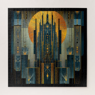 Goldverzierter Art Deco-Wolkenkratzer Mitternacht Puzzle