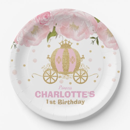 Goldwagen Prinzessin-Birthday Party Floral Pink Pappteller (Vorderseite)