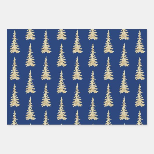 Goldwald-Spruce-Bäume auf Navy Blue Geschenkpapier Set (Vorderseite 3)