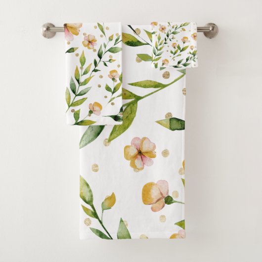 Goldwaldgrün-Senfgelb-BlumenTupfen Badhandtuch Set (Insitu)