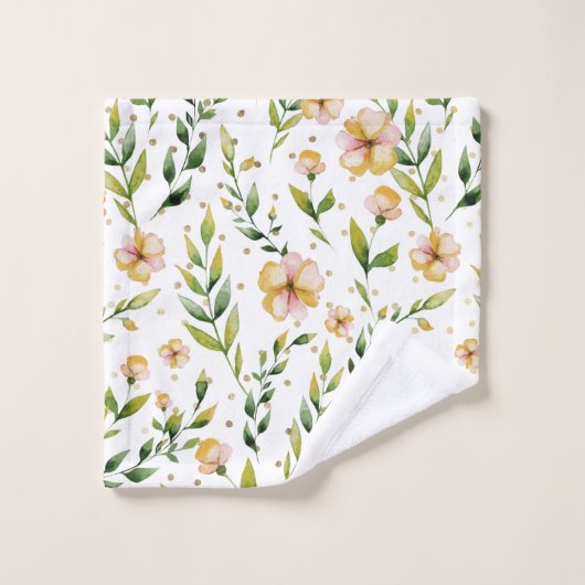 Goldwaldgrün-Senfgelb-BlumenTupfen Badhandtuch Set (Waschlappen)