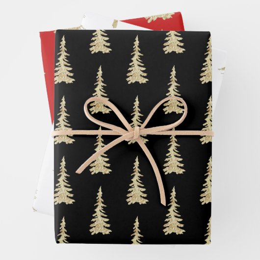 Goldwaldlandspruce Trees Schwarz-weißer Urlaub Rot Geschenkpapier Set (Beispiel)