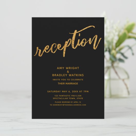 Goldwaves & Handwriting Black Wedding Reception Einladung (Stehend Vorderseite)