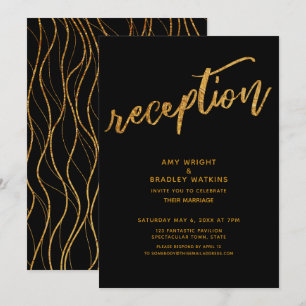 Goldwaves & Handwriting Black Wedding Reception Einladung