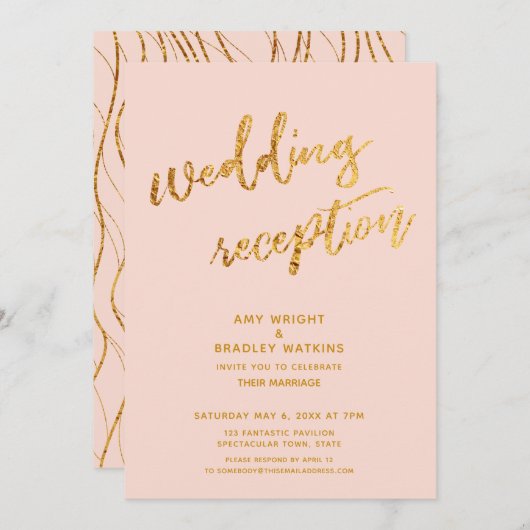 Goldwaves & Handwriting Blush Hochzeitsempfang Einladung (Vorne/Hinten)