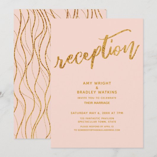 Goldwaves & Handwriting Blush Hochzeitsempfang Einladung (Vorne/Hinten)