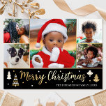 Goldweihnachtsbaum Custom Foto Black Luxury Folien Feiertagskarte<br><div class="desc">Verteilen Sie den Feiertagsjubiläum mit luxuriösen Weihnachtskarten aus Gold! Sechs personalisierte Fotos mit Ihrem Familiennamen und einem Gruß auf der Rückseite. Dieses individuelle Design zeichnet sich durch dekorative Bäume und Sterne aus, mit den Worten "Frohe Weihnachten" in festlichen Schriftzeichen. Ideal für Fotos, Familien, Freunde und Haustiere. Farben: Schwarz, Weiß und...</div>