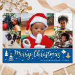 Goldweihnachtsbaum Custom Foto Blue Luxury Folien Feiertagskarte<br><div class="desc">Verteilen Sie den Feiertagsjubiläum mit luxuriösen Weihnachtskarten aus Gold! Sechs personalisierte Fotos mit Ihrem Familiennamen und einem Gruß auf der Rückseite. Dieses individuelle Design zeichnet sich durch dekorative Bäume und Sterne aus, mit den Worten "Frohe Weihnachten" in festlichen Schriftzeichen. Ideal für Fotos, Familien, Freunde und Haustiere. Farben: blaue, weiße und...</div>